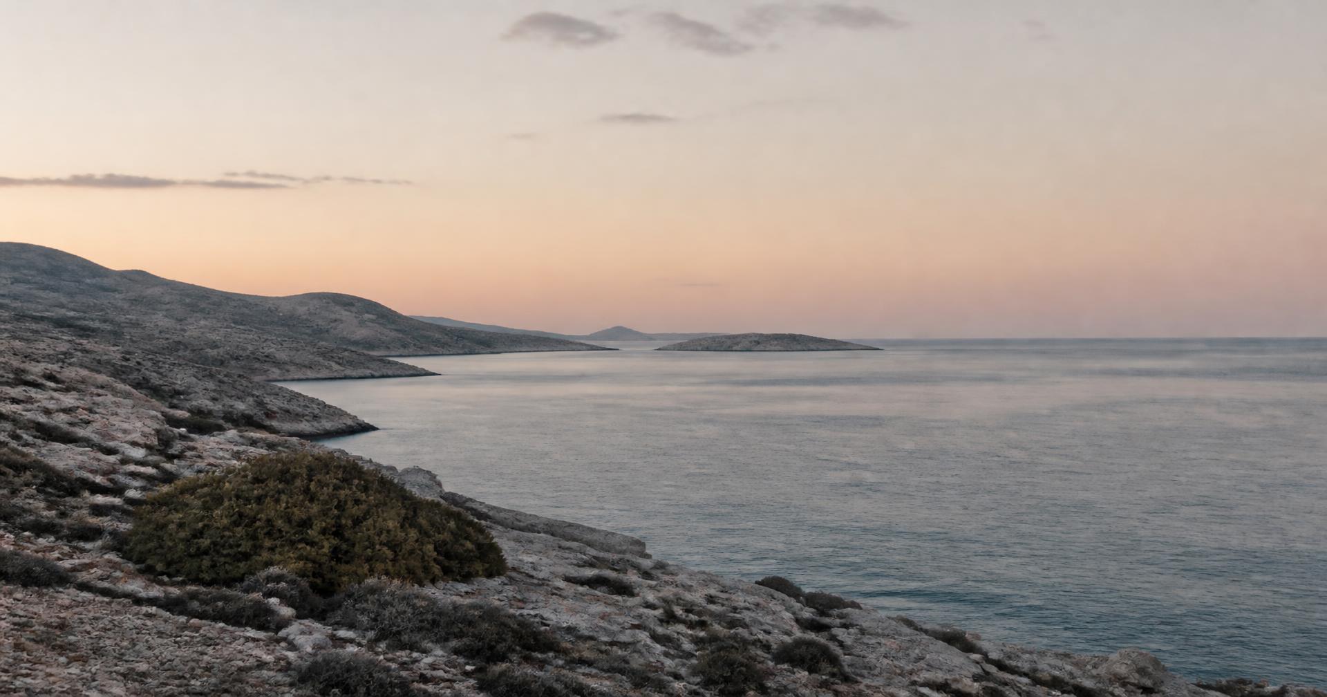 Wide Mediterranean coastal landscape at dusk