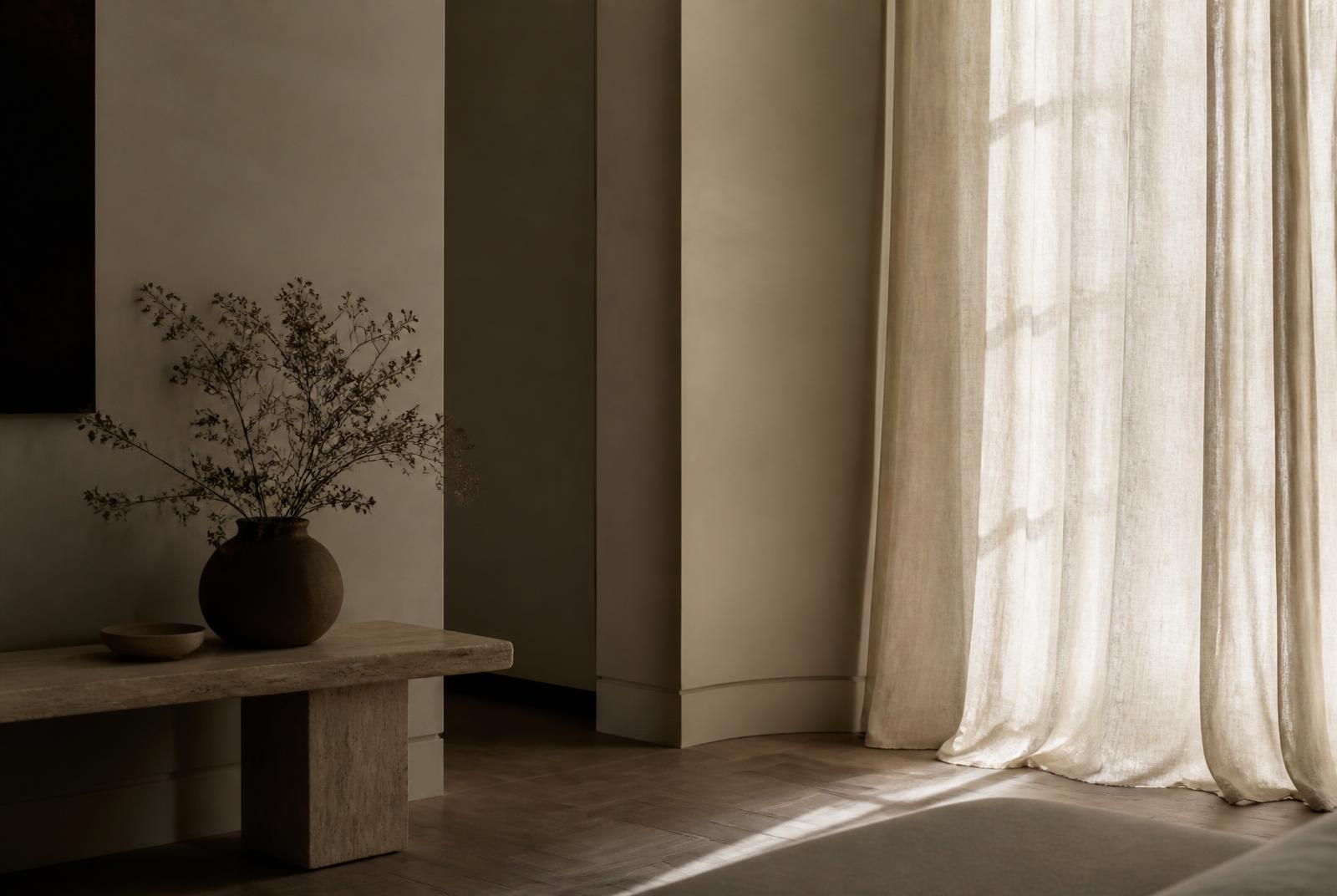 Quiet interior corner of a luxury home with linen curtain and soft daylight