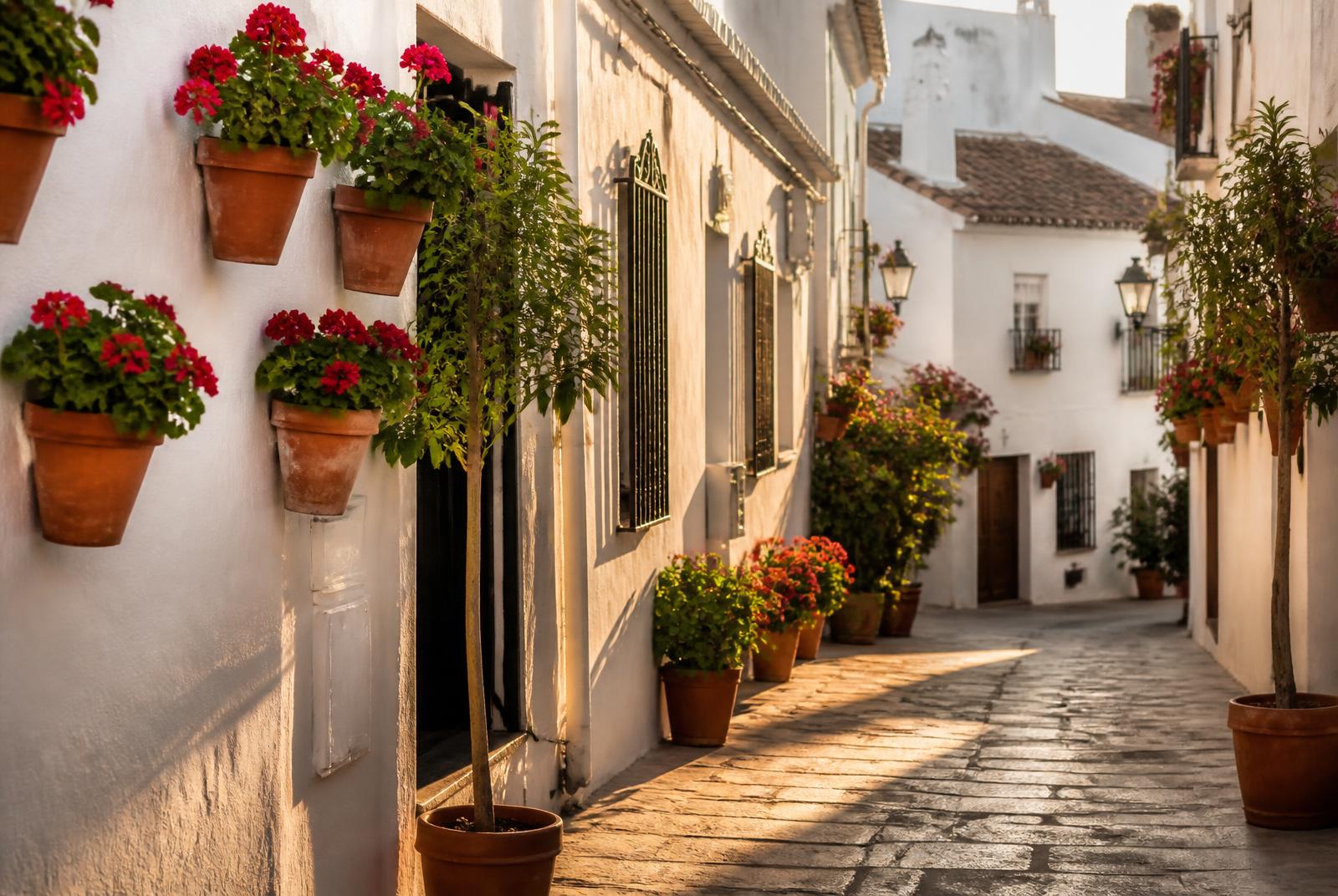 Whitewashed Marbella old town street with terracotta pots of geraniums in late afternoon light