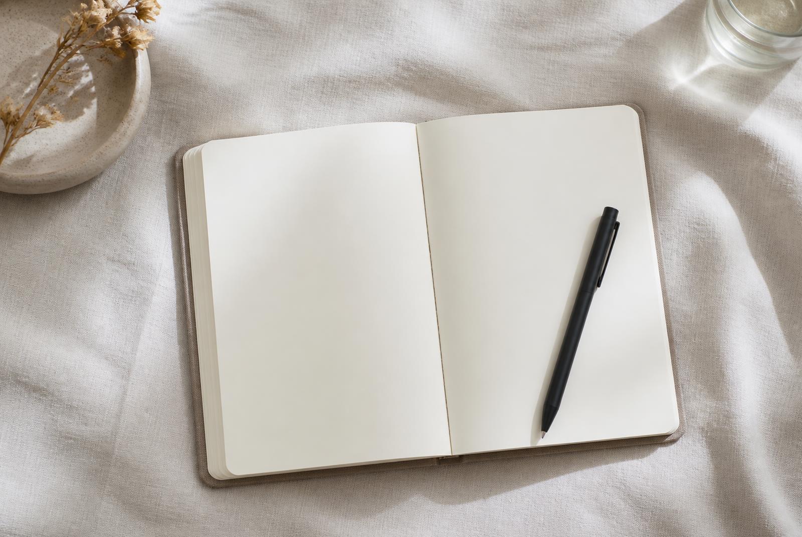 Open blank notebook and pen on pale linen in soft daylight