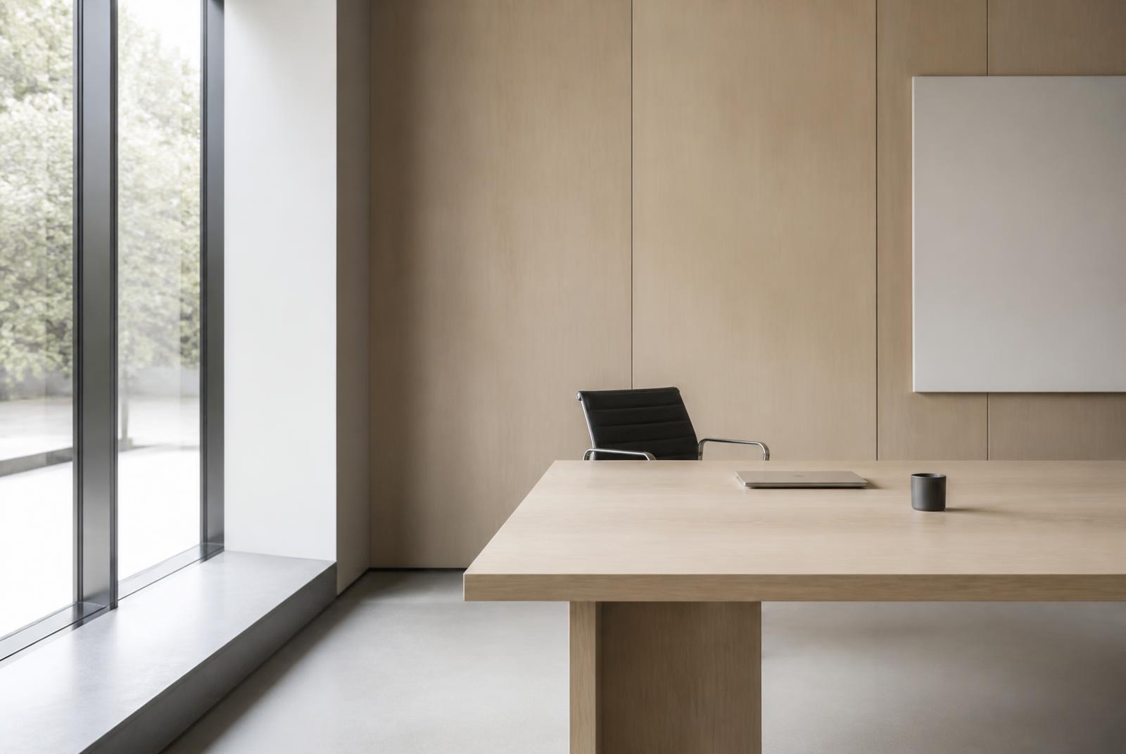 Minimal modern office with a long pale oak table and soft window light