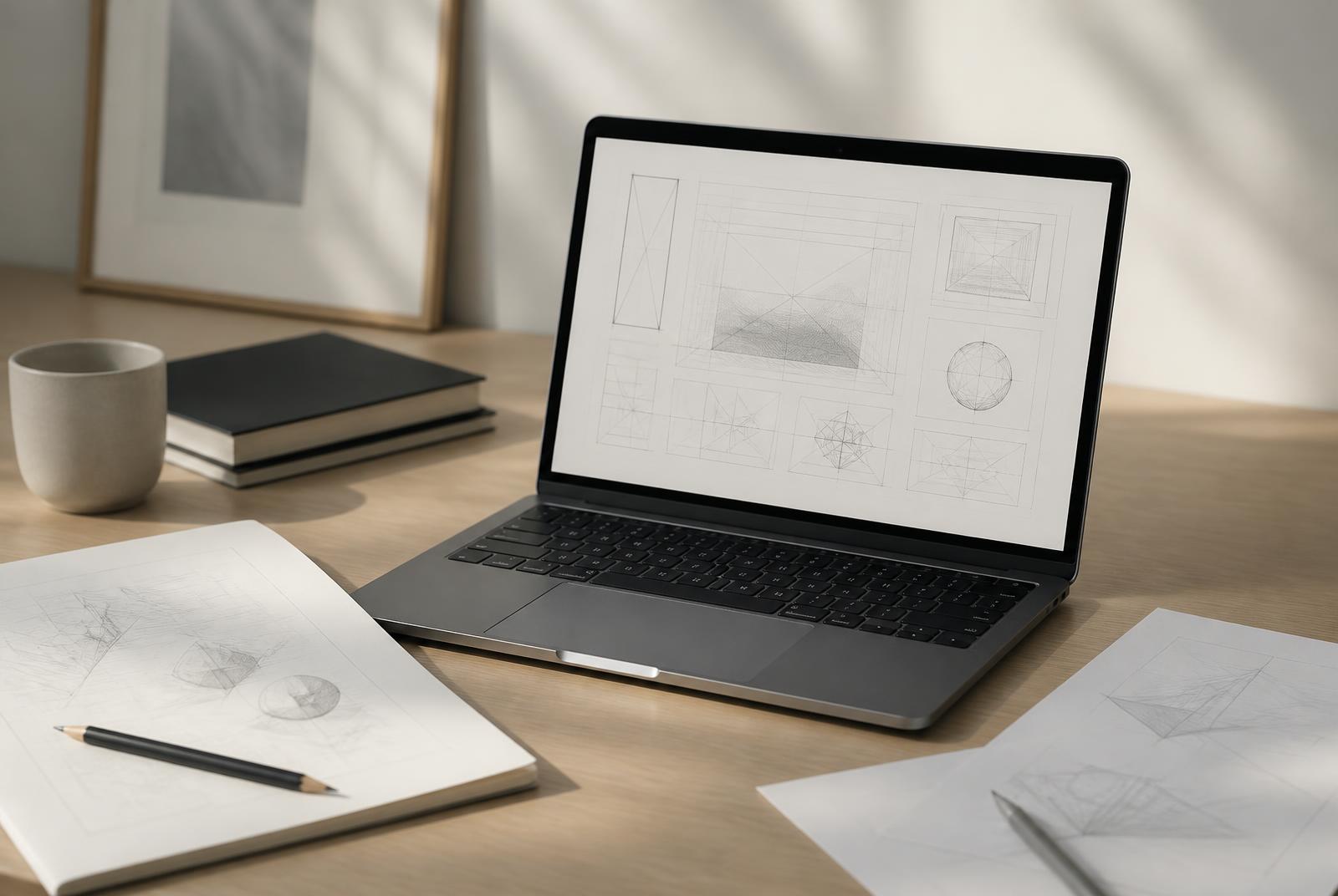 Laptop screen showing wireframe sketches beside pencil drawings on paper