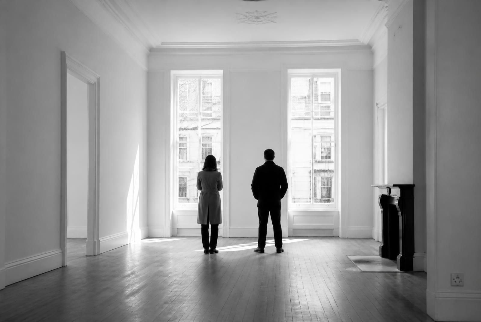 Black and white photograph of two people at a property viewing in a light-filled empty room