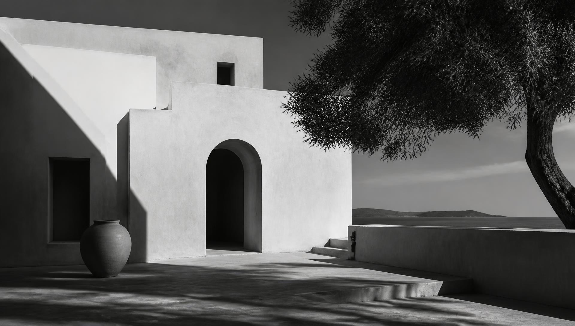Black and white photograph of a minimalist Mediterranean villa in strong sunlight